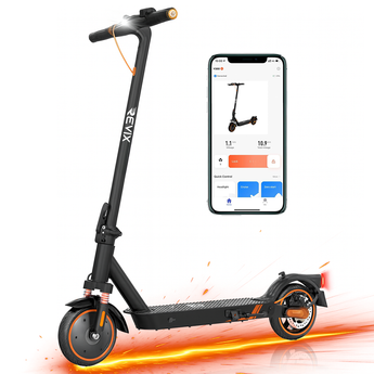 Black electric scooter with app interface on a white background