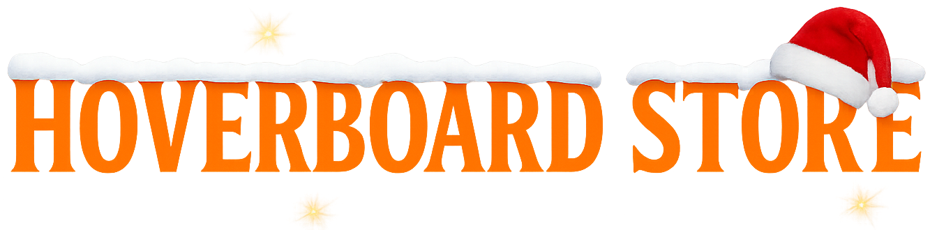 Hoverboard Store logo with a Santa hat on a white background