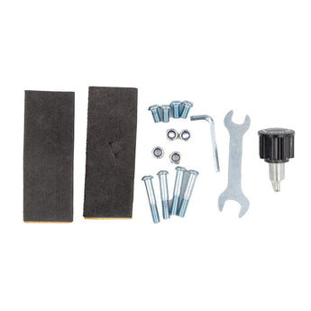 Hoverkart assembly kit featuring two black foam pads, assorted screws and nuts, a hex key, a wrench, and a black adjustment knob