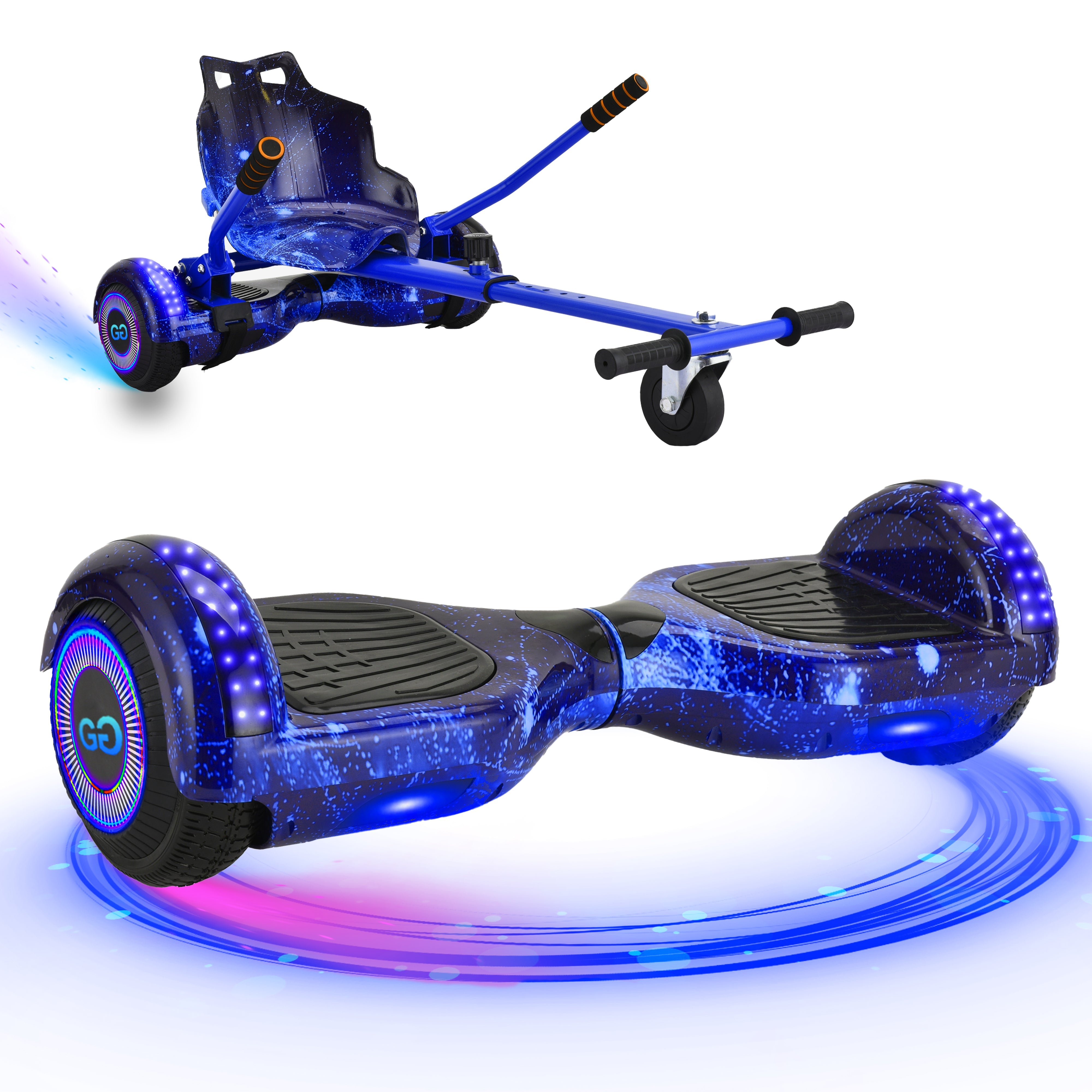 Blue hoverboard with Galaxy  Print and LED lights, featuring an attached go-kart conversion kit with rear handlebars and wheel.