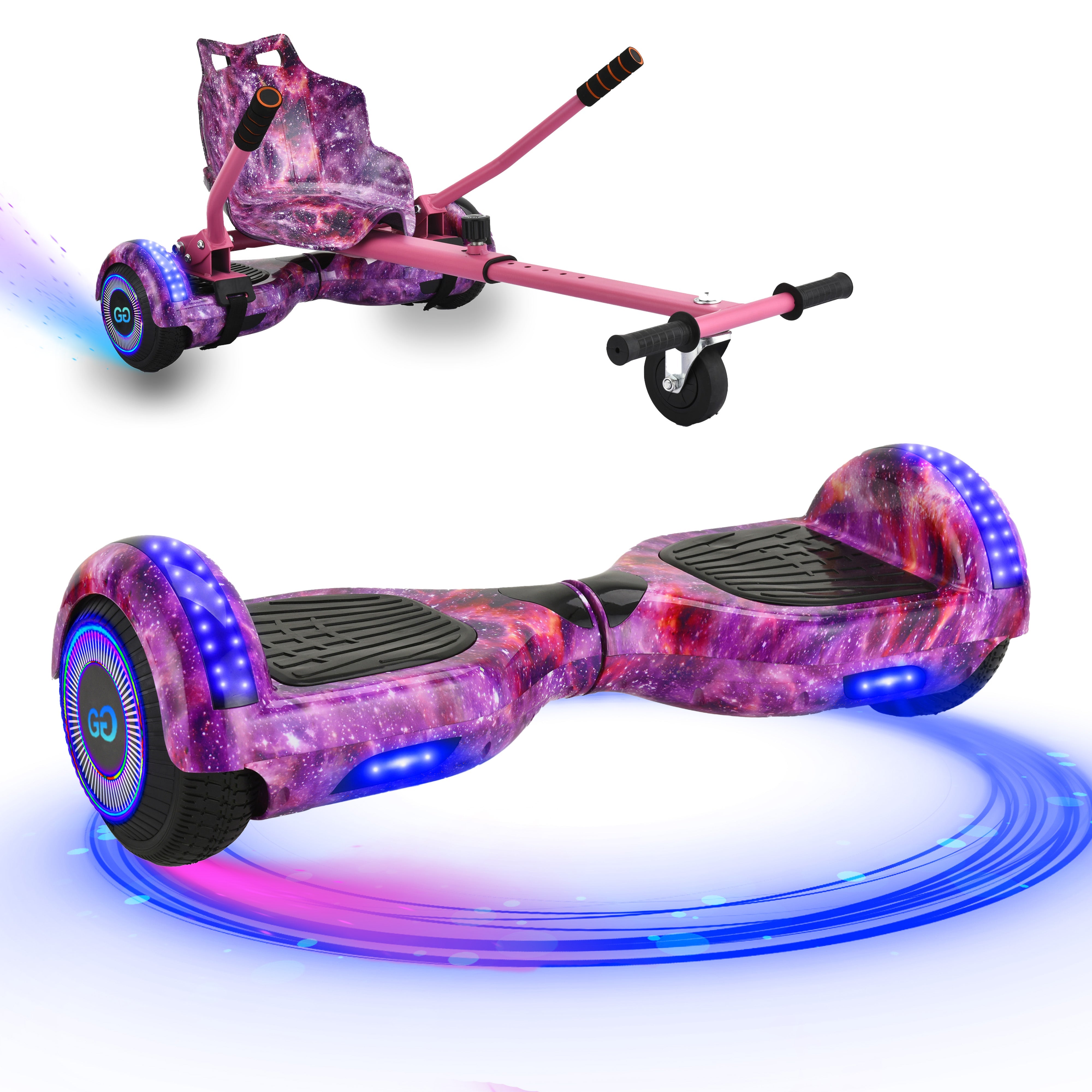 Hoverboard with galaxy pink and attached pink go-kart conversion kit, featuring light-up wheels and dynamic LED trail effects.
