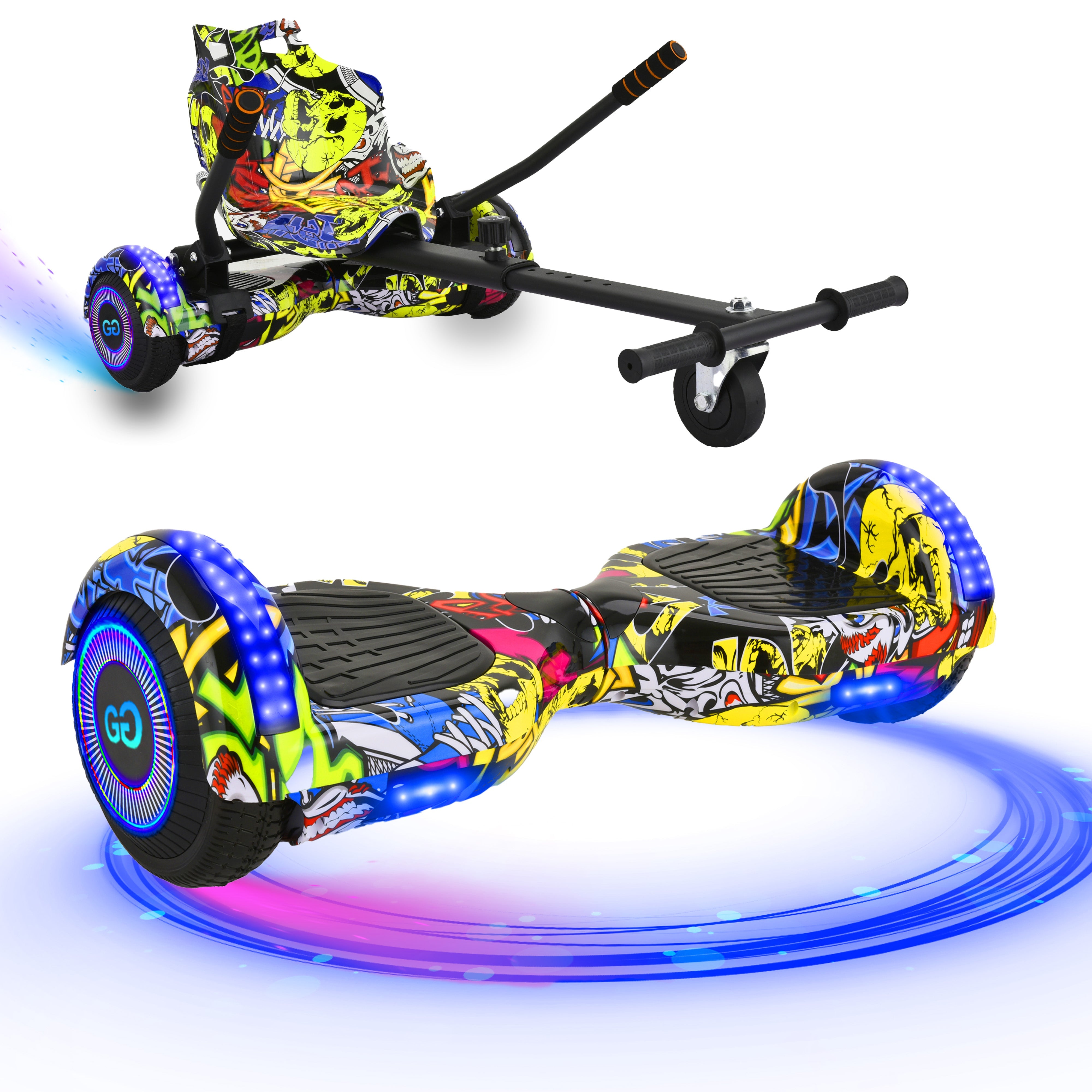 Hoverboard (G1) with Graffiti Yellow design and LED lights, attached to a Hoverkart with a matching patterned seat.