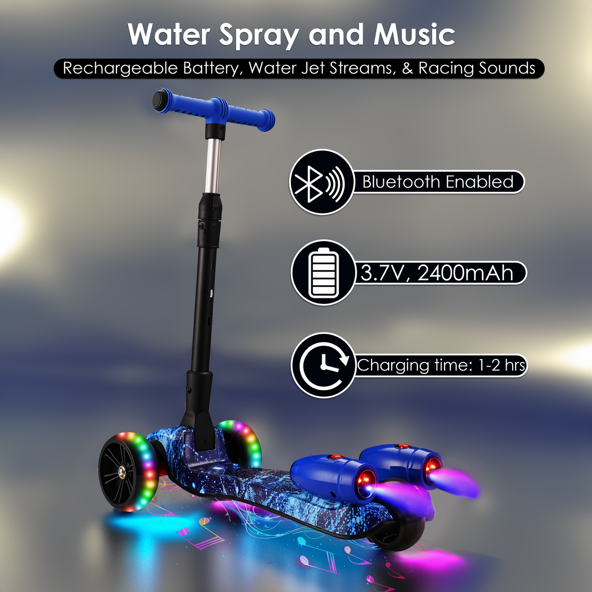 3-Wheel Foldable Kids Scooter with Bluetooth & Lights | Galaxy Blue – product image 2