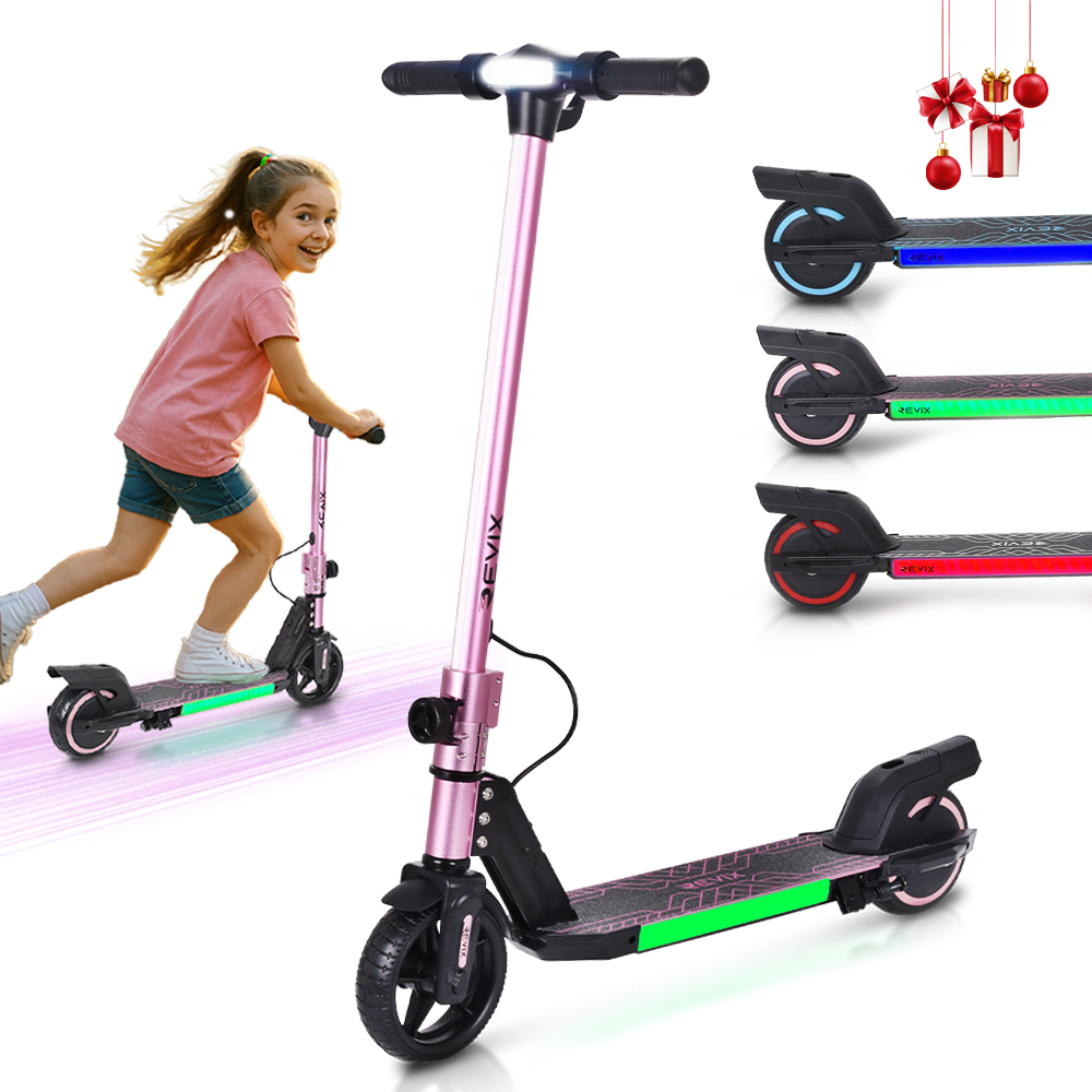 Revix Nova S150 pink kids electric scooter with LED lighting, shown in a product and lifestyle collage