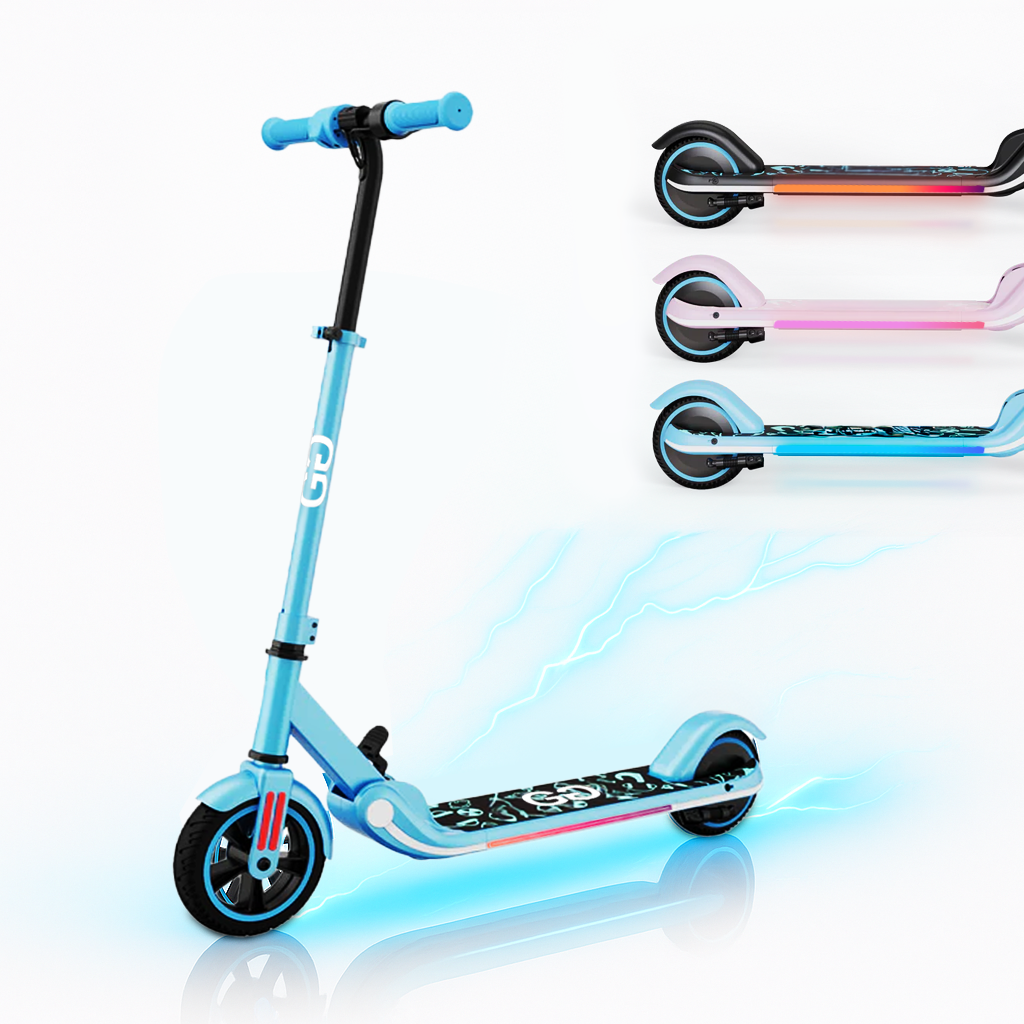 X1 blue kids electric scooter with LED deck lighting, shown with colour options