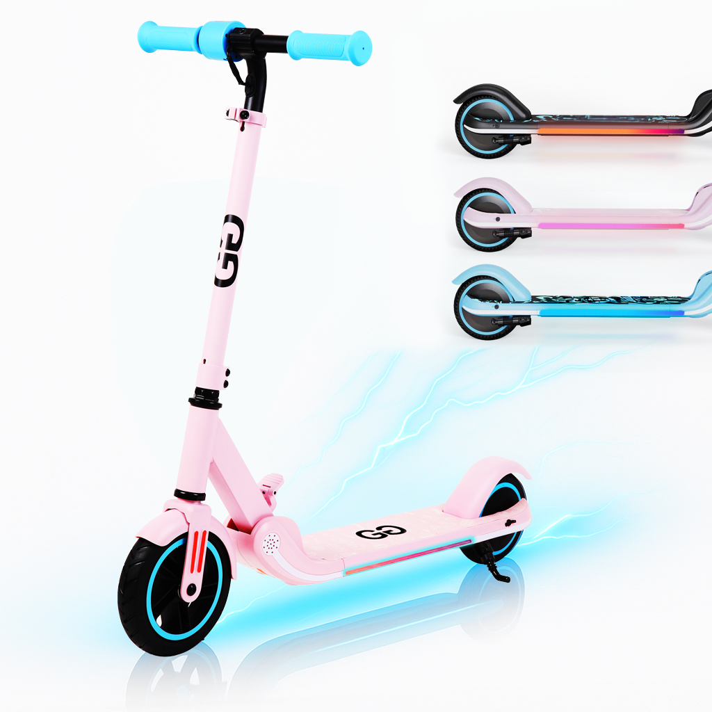 X1 pink kids electric scooter with LED deck lighting, shown with colour options