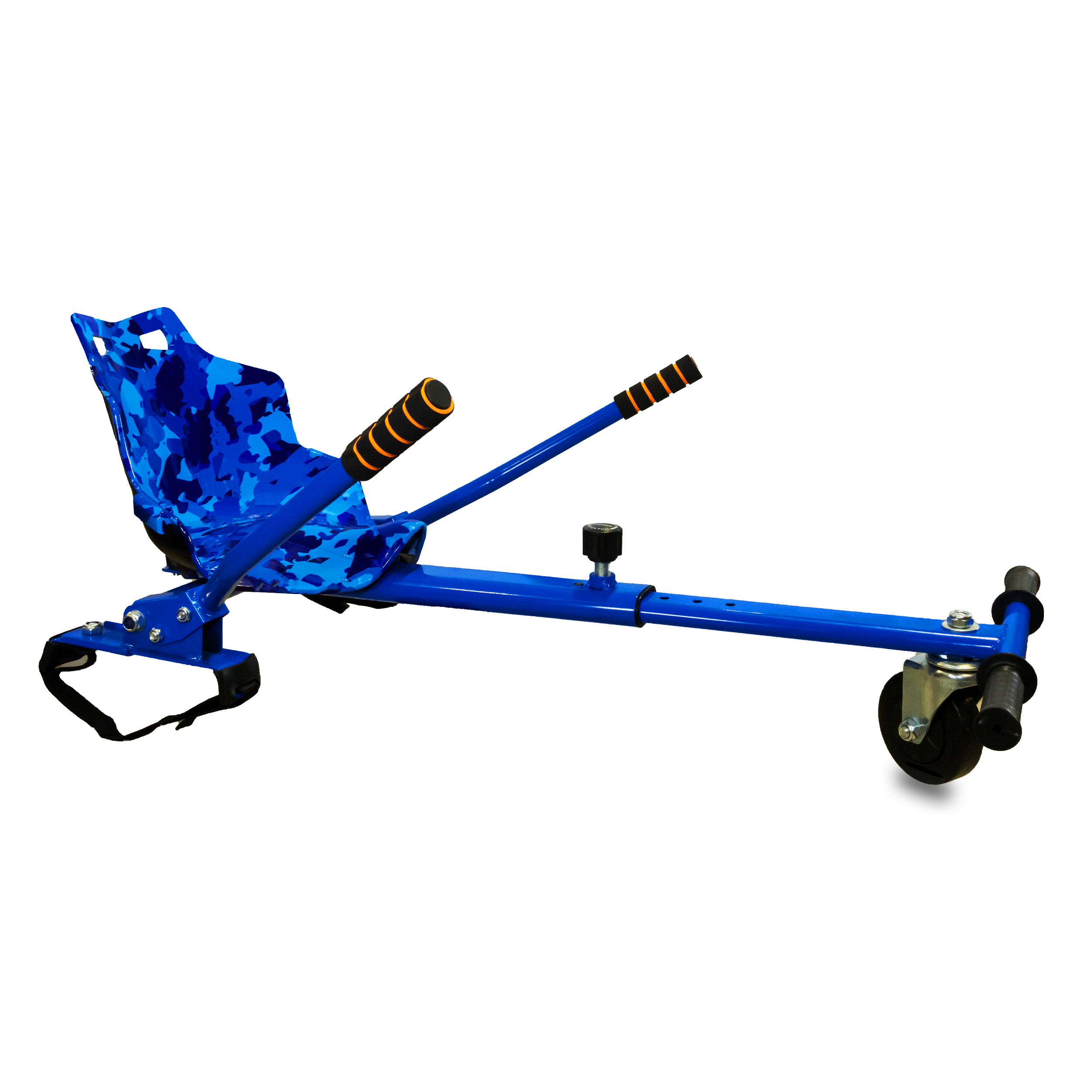 Blue hoverkart equipped with camouflage design seat, adjustable metal frame, and black wheels.