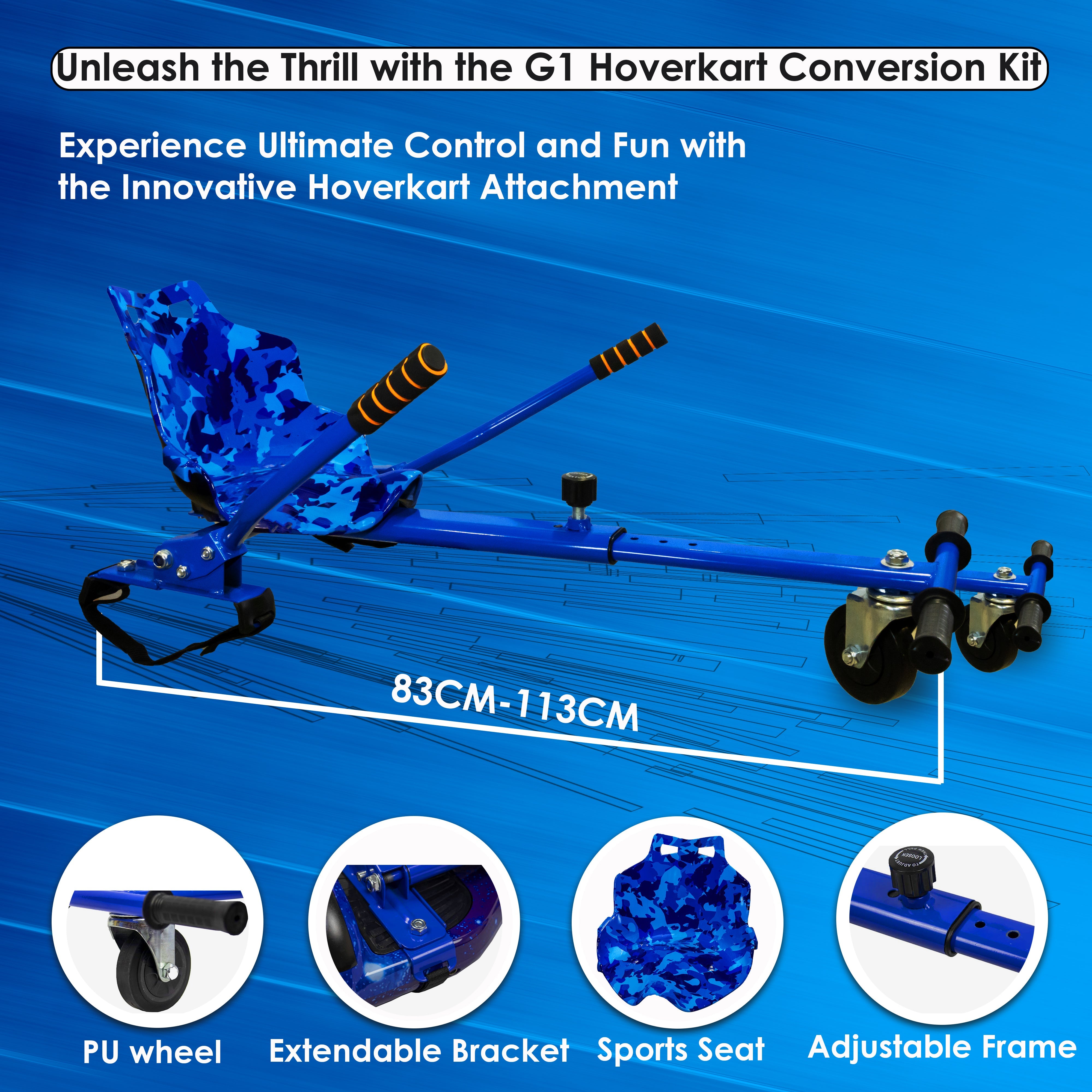 Dynamic blue hoverkart with extendable brackets and polyurethane wheels, emphasizing the versatile sports seat