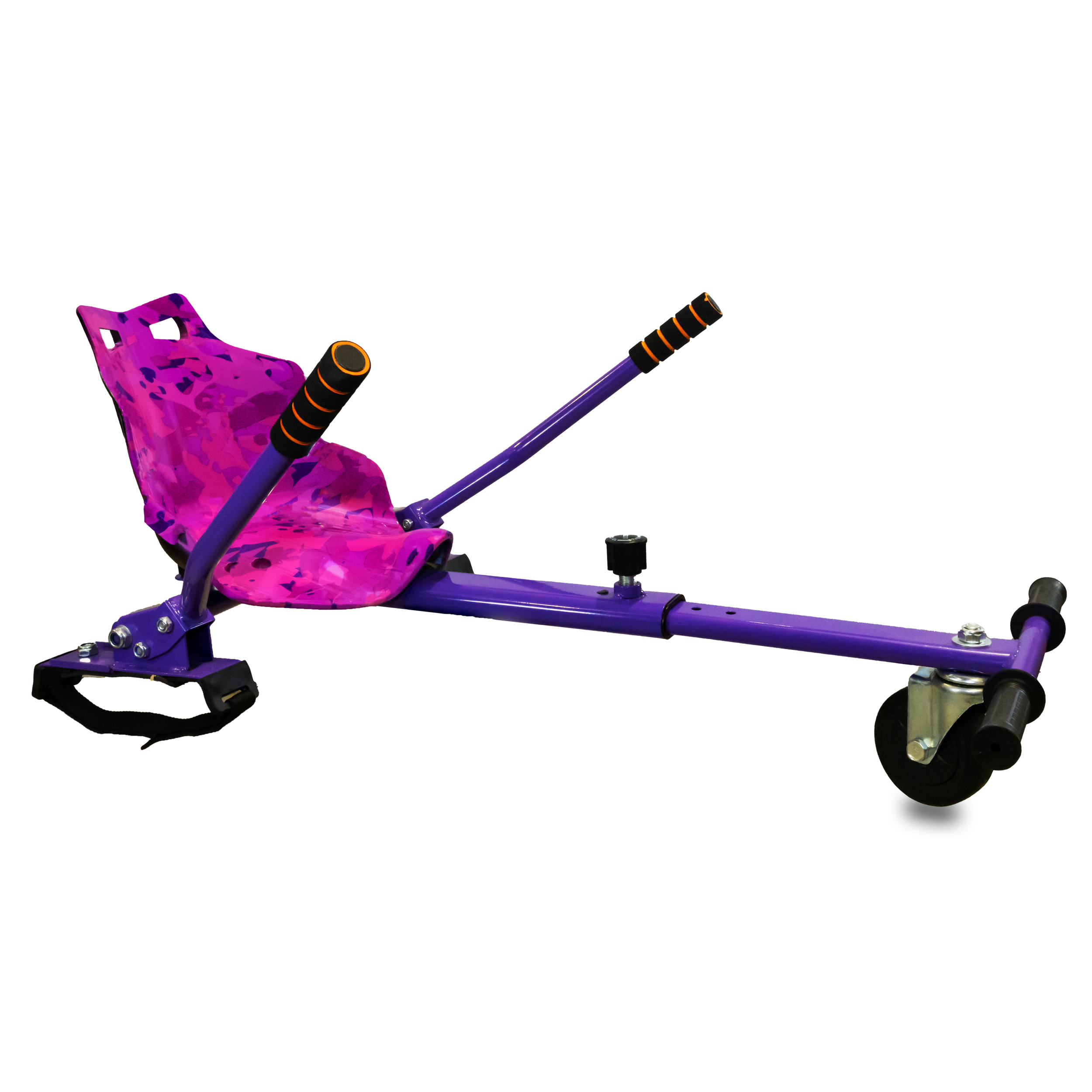 purple hoverkart with camo purple seat, adjustable frame, and black wheels, suitable for all ages.