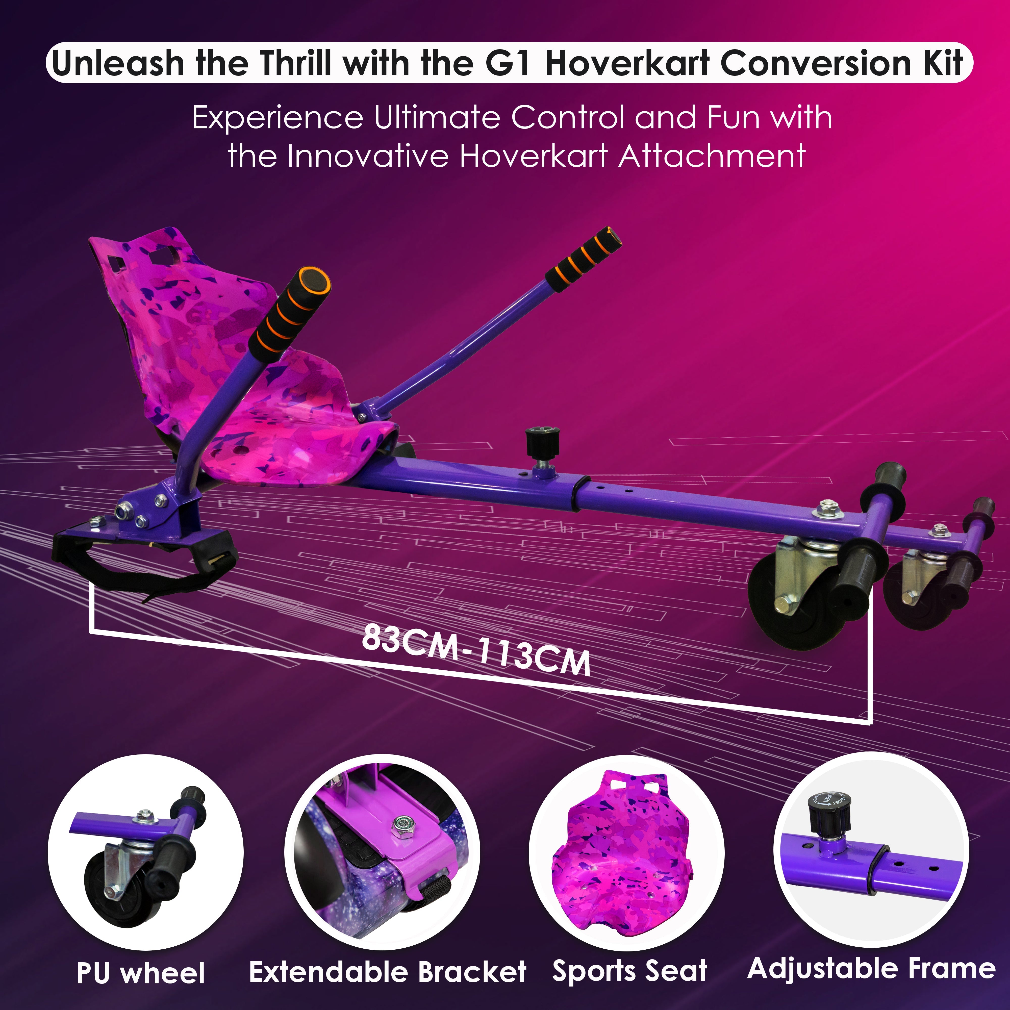 R1 hoverkart conversion kit showcased with adjustable features and a close-up of a purple sports seat and extendable bracket.