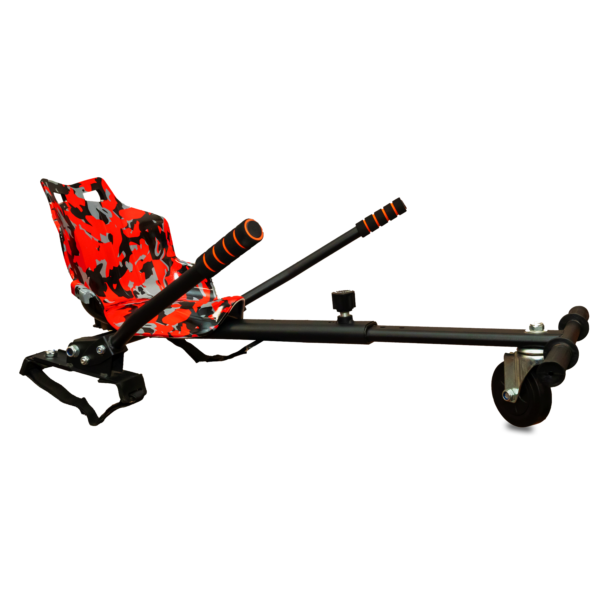 Red and black camouflage hoverboard kart seat with adjustable metal frame and striped handles.