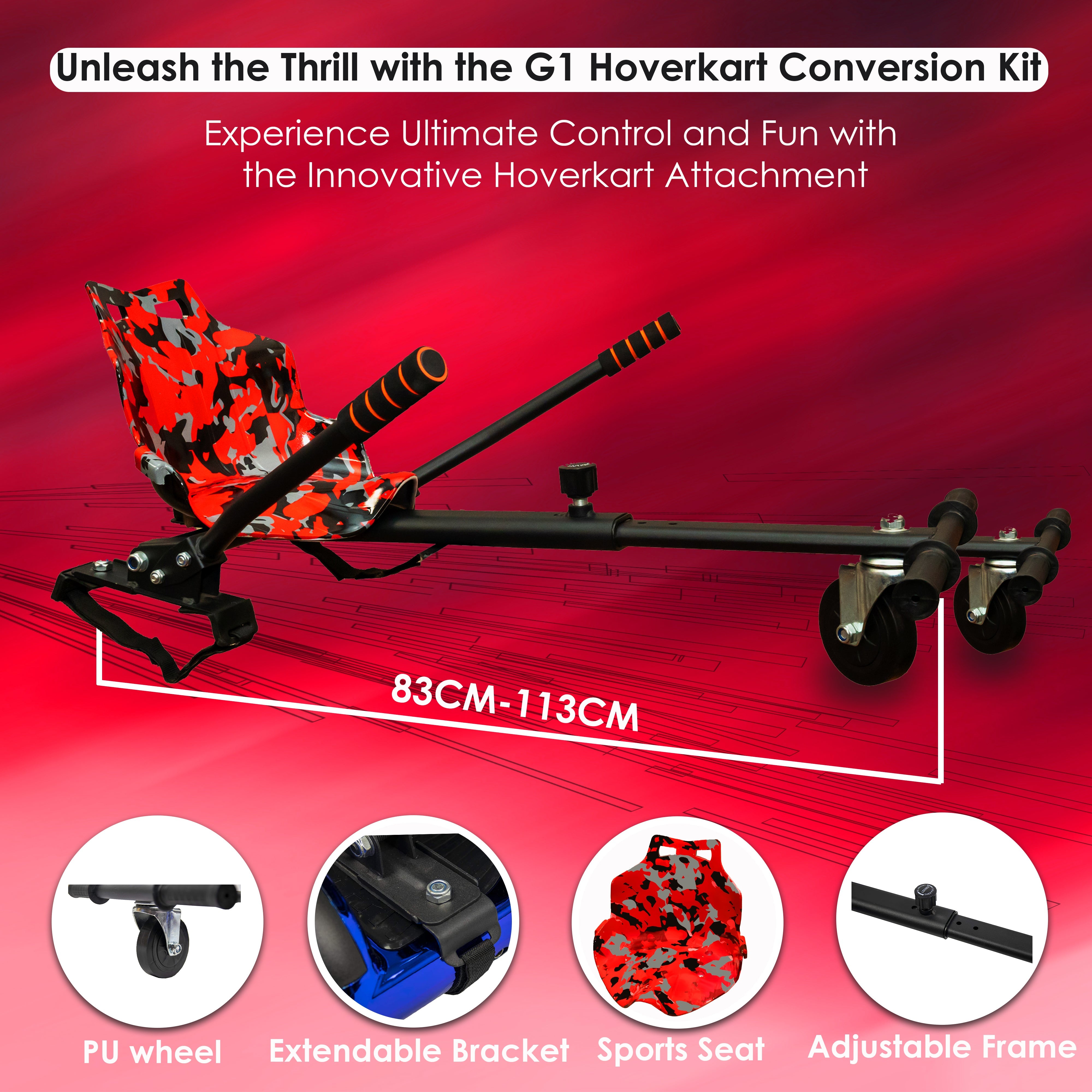 Red hoverkart conversion kit featuring a camouflage sports seat, adjustable black frame, PU wheel, and extendable bracket on a dynamic red background.