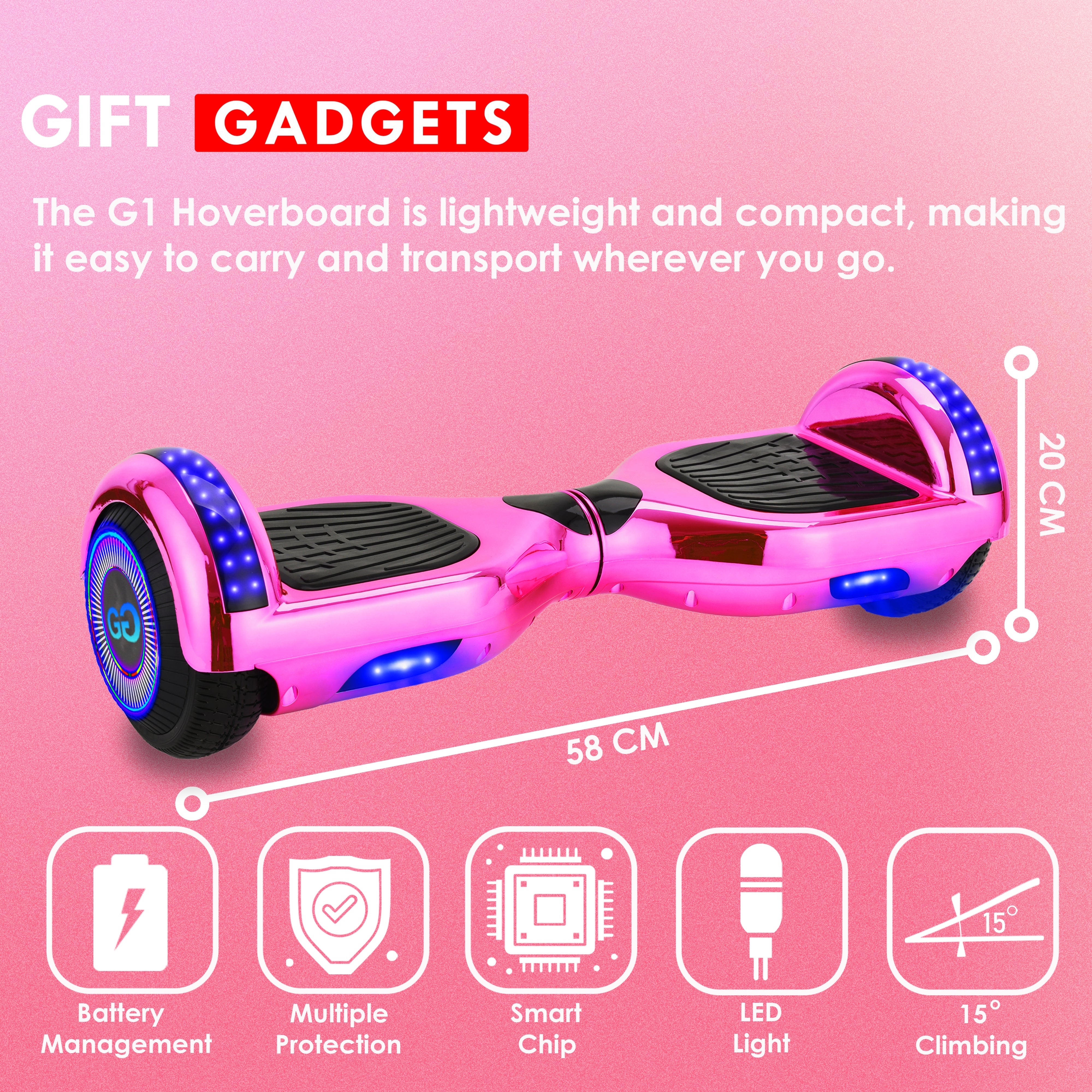 Pink G1 hoverboard with LED lights and black footpads, showcasing battery management, multiple protection, and smart chip features.