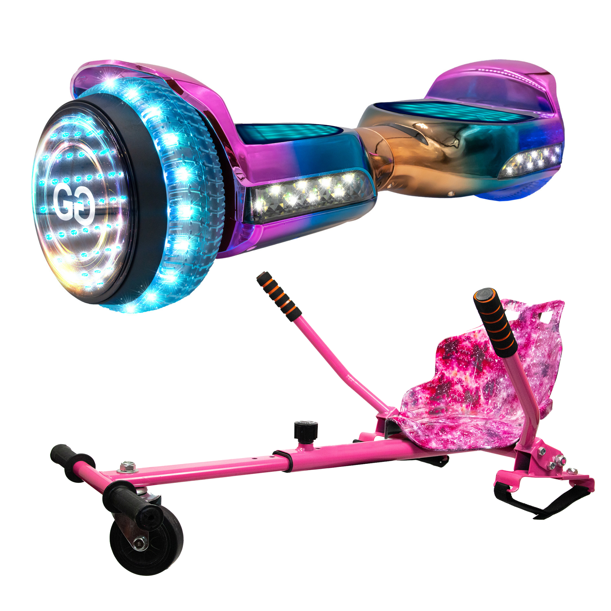 Colorful hoverboard with LED lights and pink Hoverkart attachment highlighting versatile design for outdoor activities.