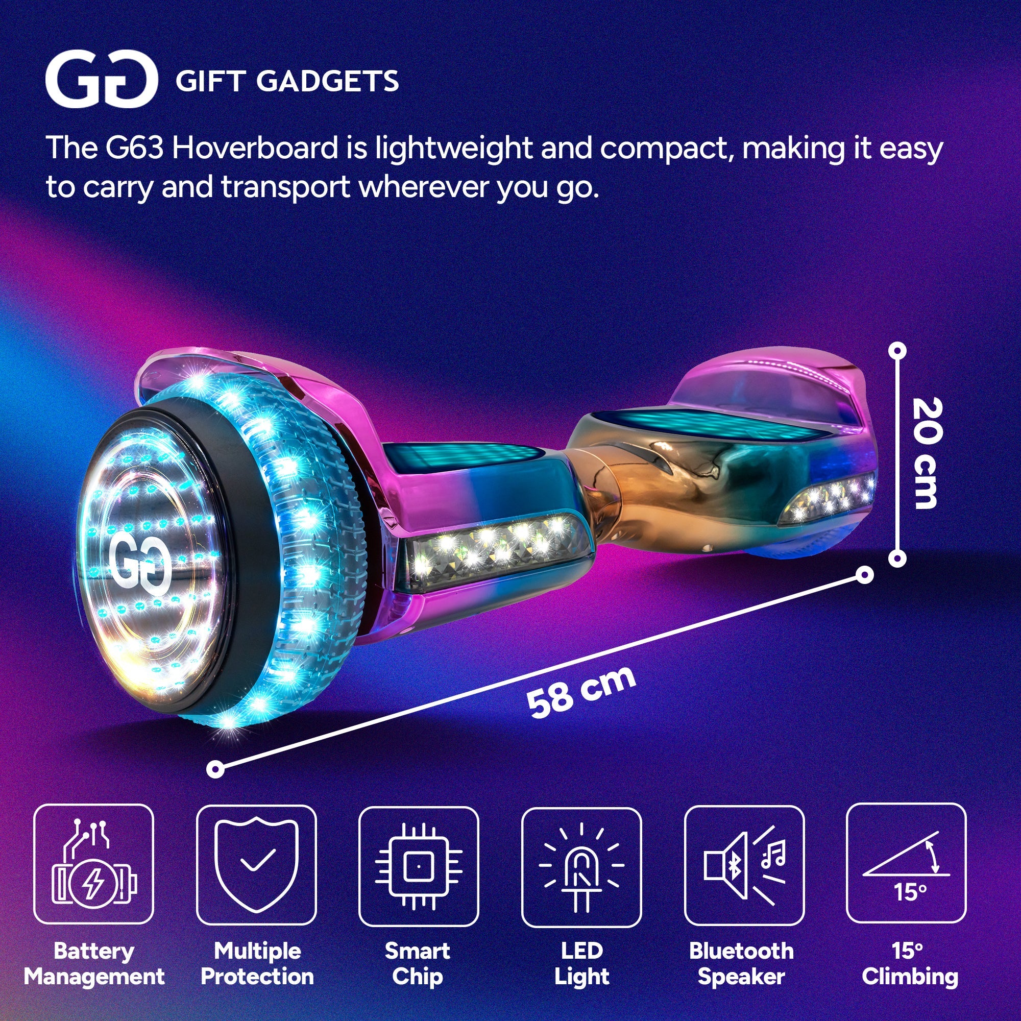 G63 Hoverboard featuring smart chip, LED lights, and Bluetooth, compact and lightweight for easy UK transport