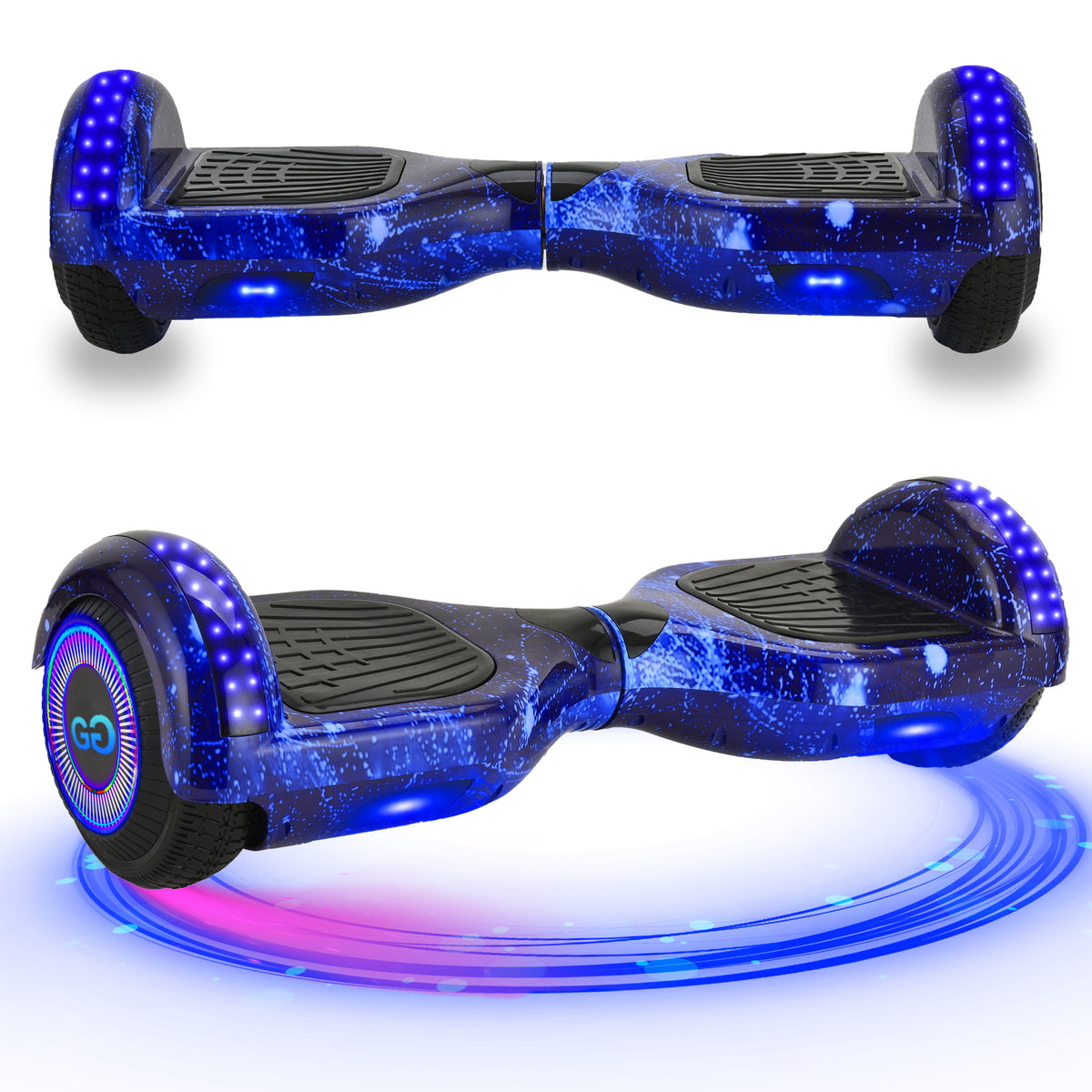 G1 Pro hoverboard in Galaxy Blue with LED wheels, front and angled views