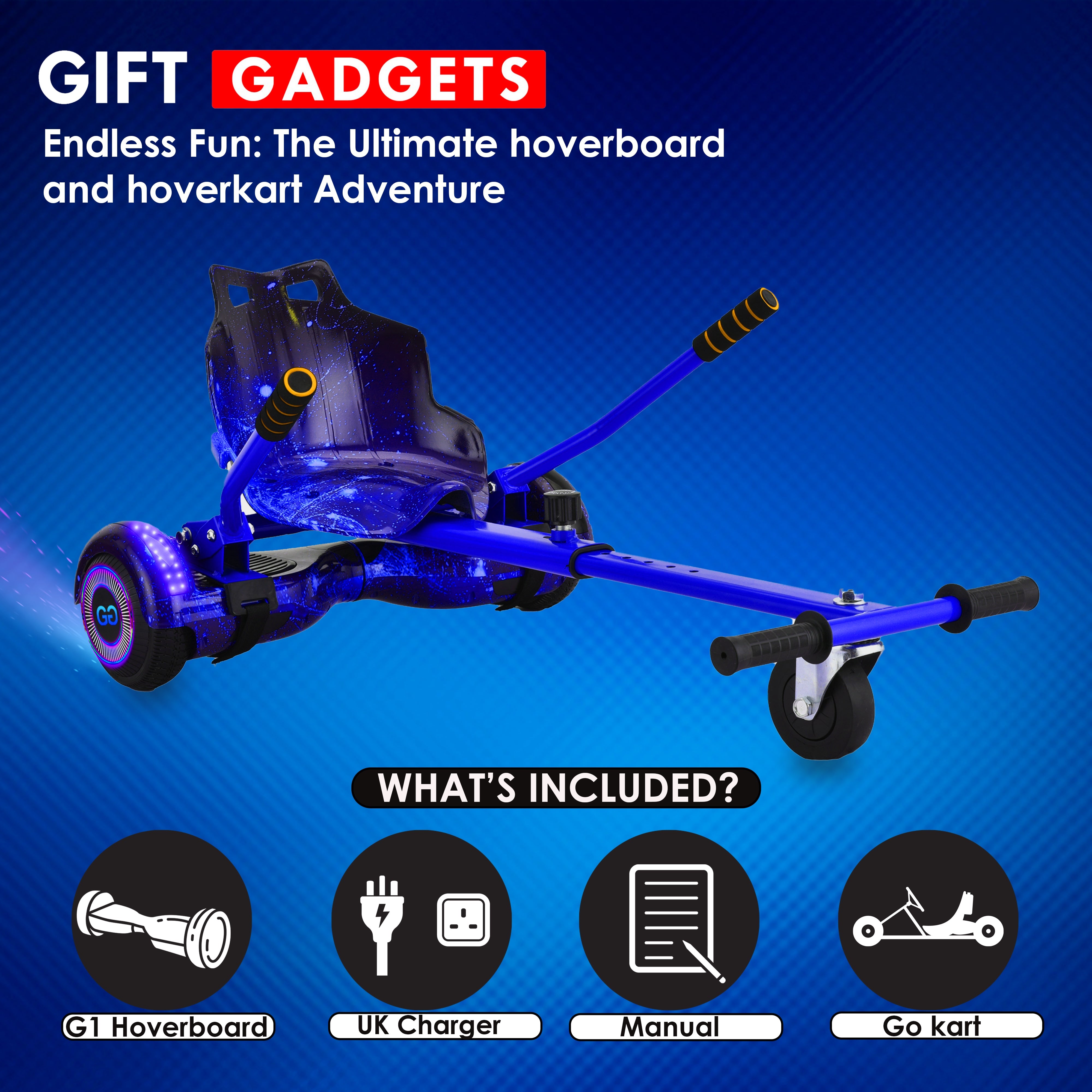 showcasing a blue Galaxy hoverboard converted into a hoverkart, displayed against a vivid blue background indicate included items: hoverboard, UK charger, manual, and go-kart kit.