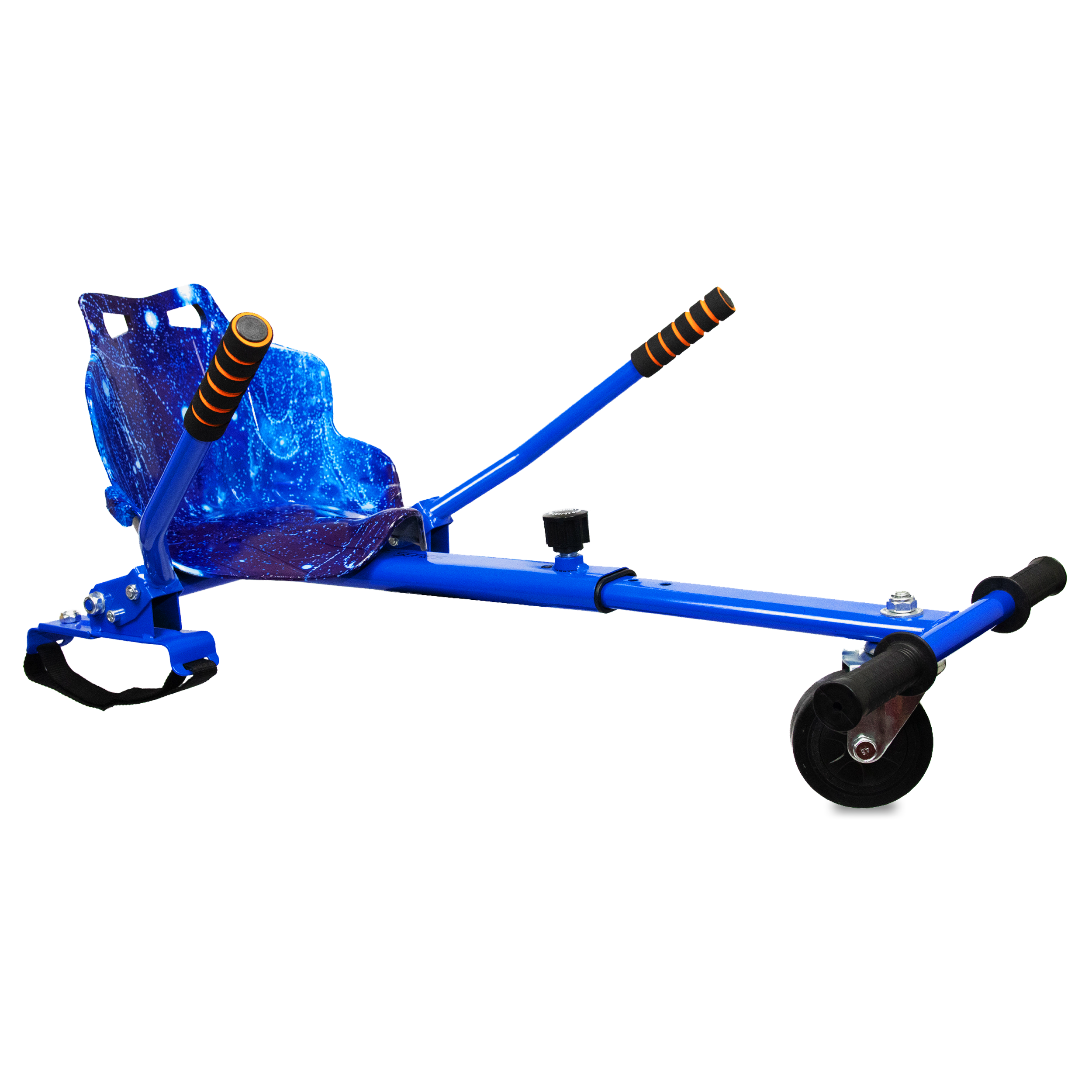 Blue hoverkart conversion kit with a Galaxy sports seat and orange-striped handlebars