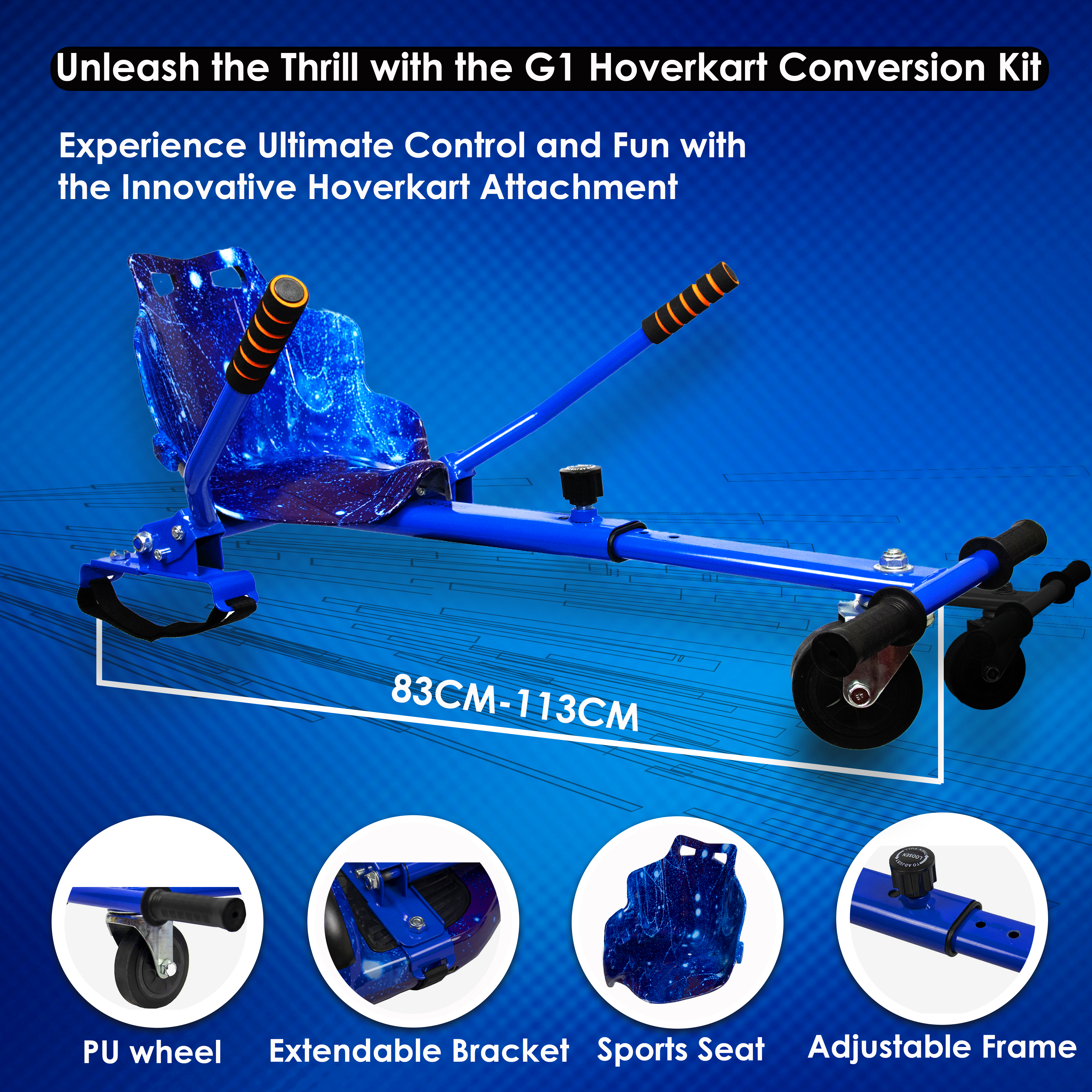 Explore the thrill with the G1 hoverkart conversion kit, detailing the extendable bracket and sports seat adjustments.