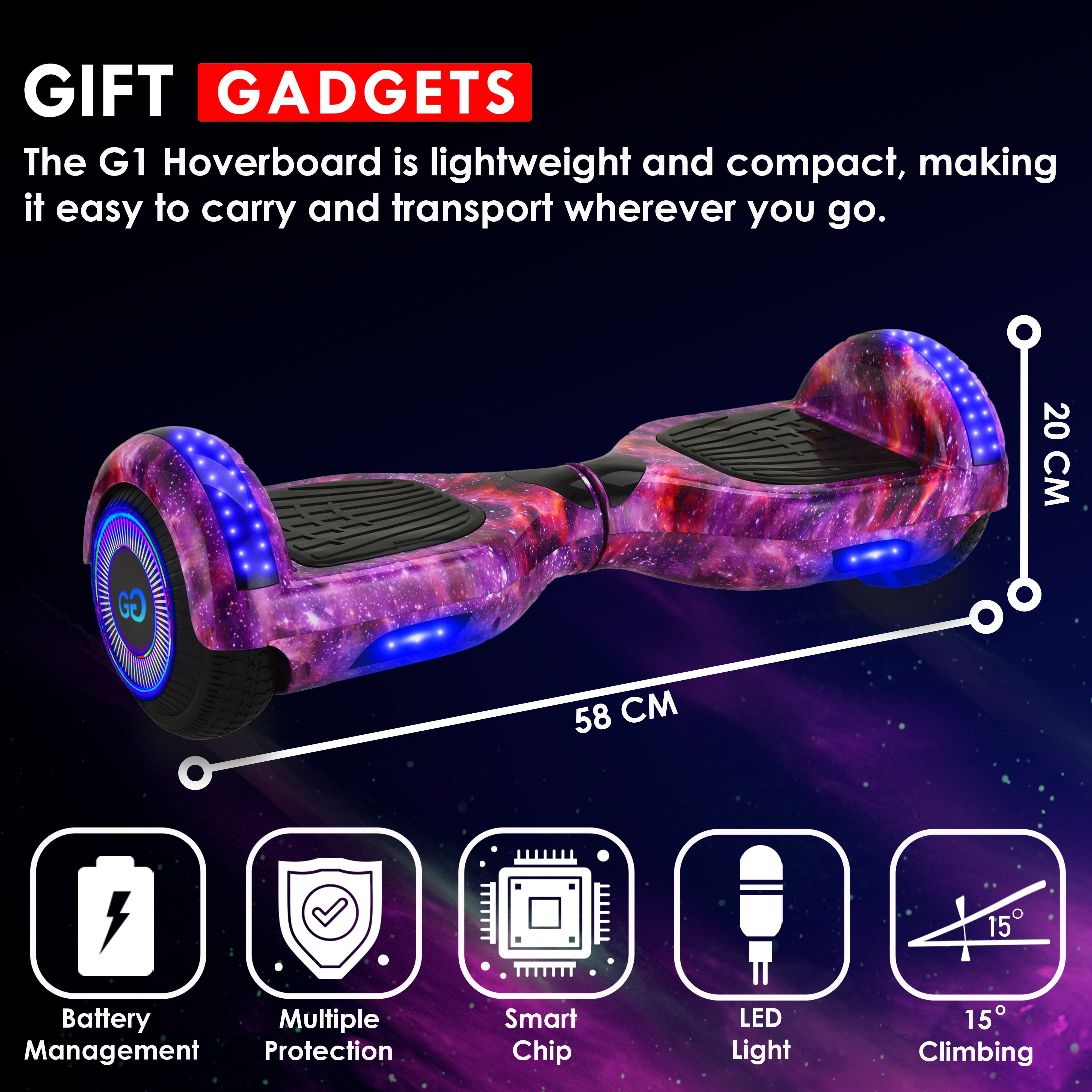 G1 Hoverboard in galaxy pink featuring LED lights, detailed with smart tech specifications like battery management and a 15-degree climbing capacity.