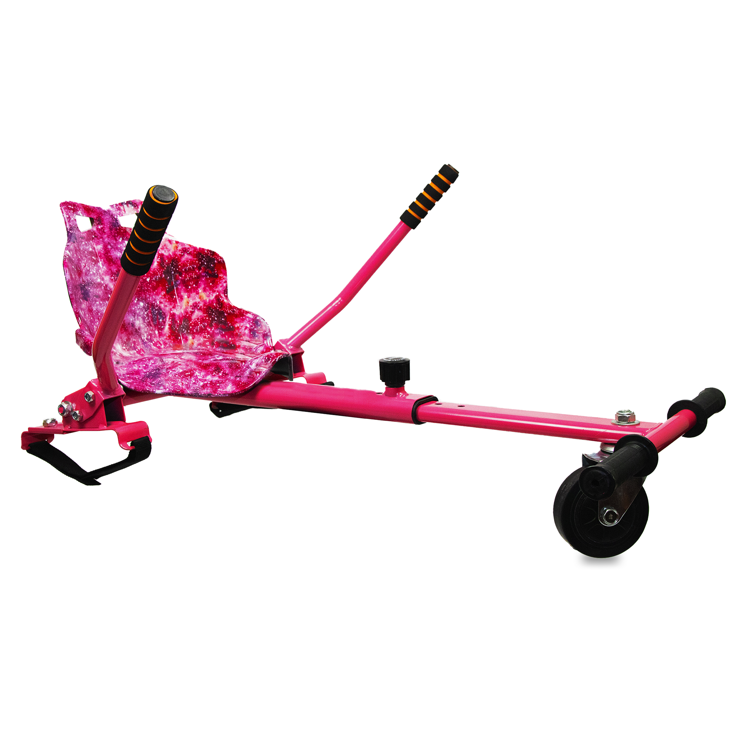 Pink hoverkart with a galaxy sports seat, extendable pink frame, and black wheels.