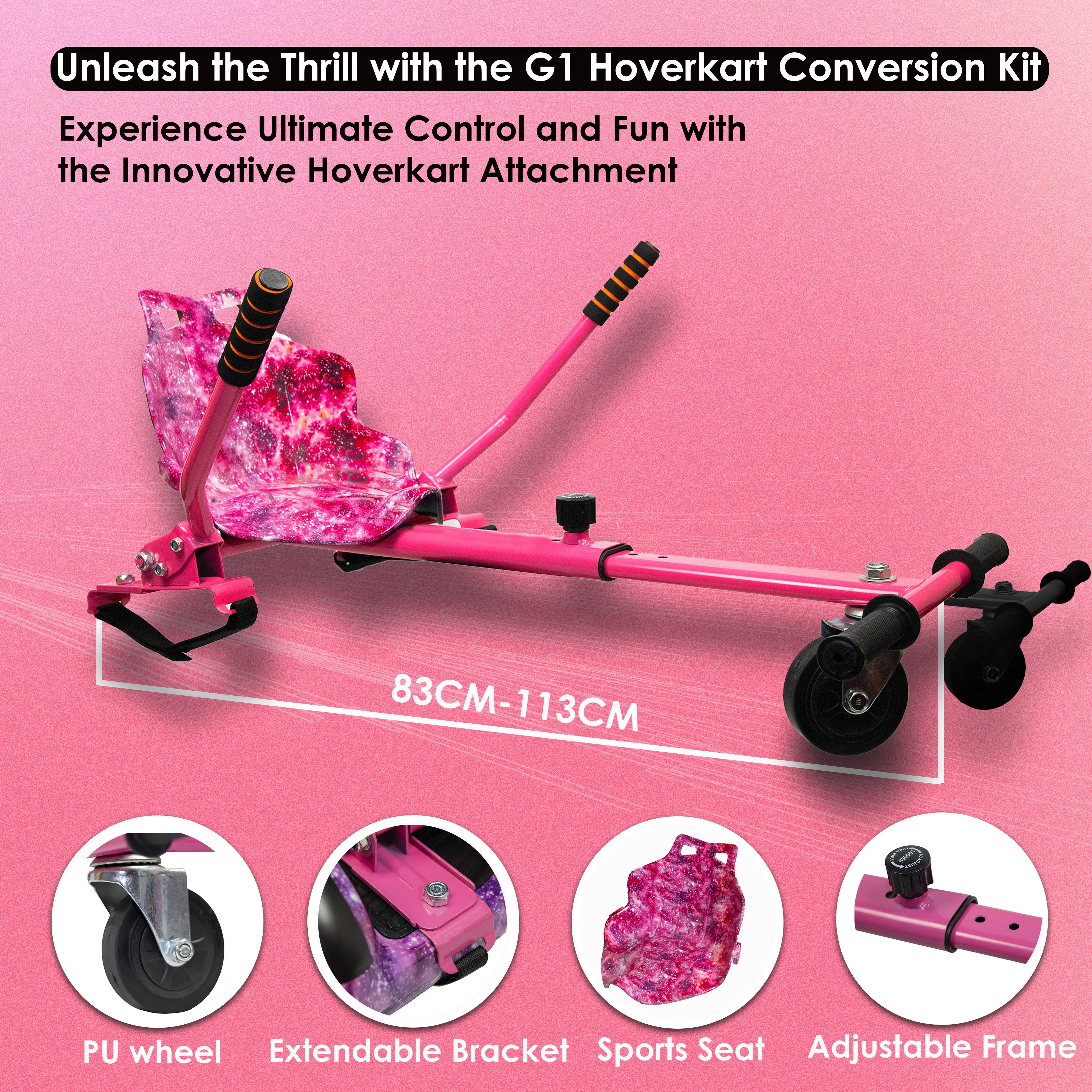 Pink R1 hoverkart conversion kit with extendable frame and PU wheels for versatile hoverboard attachment