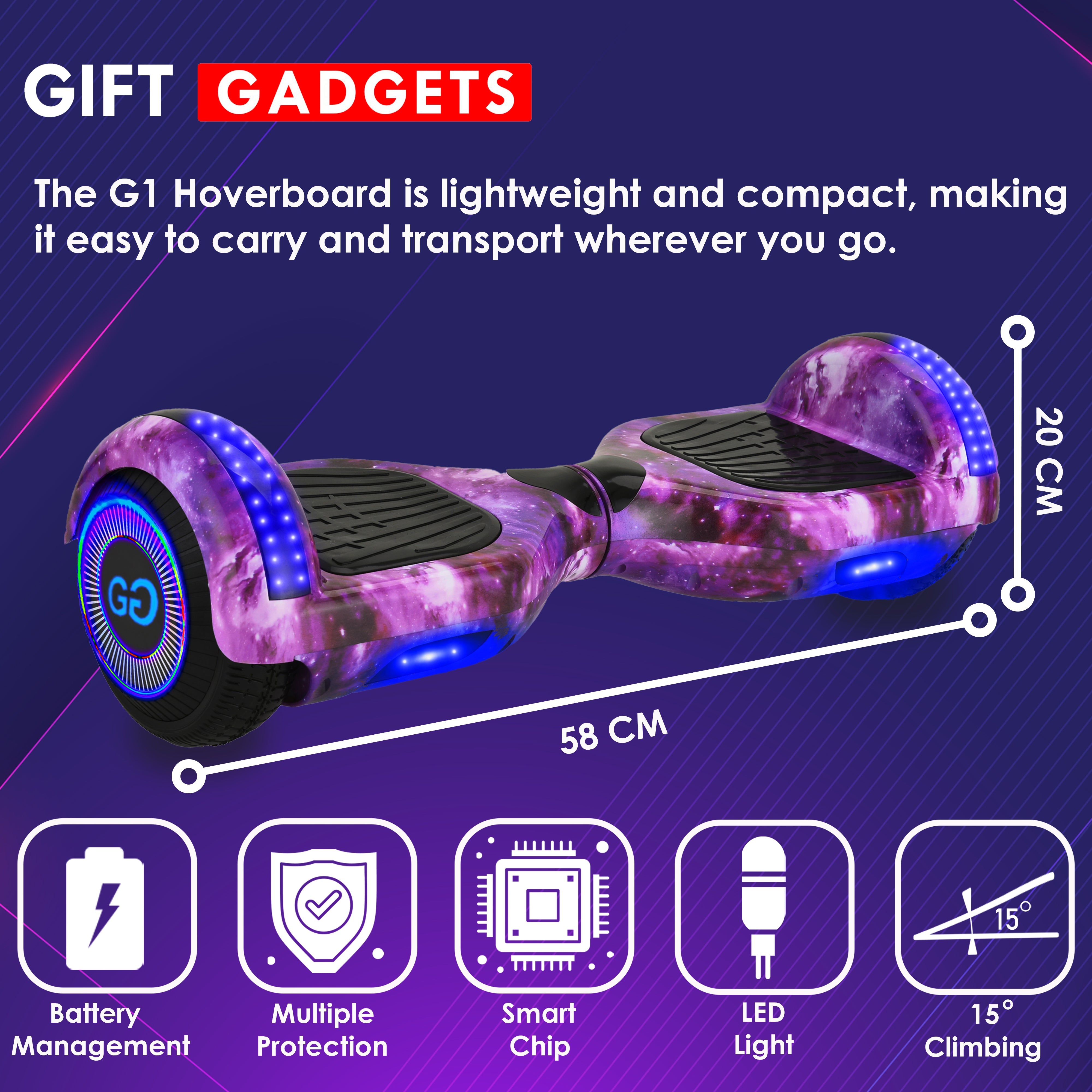 Purple Galaxy  Hoverboard with LED lights, highlighting features like battery management, multiple protection, smart chip, and a 15-degree climbing ability.