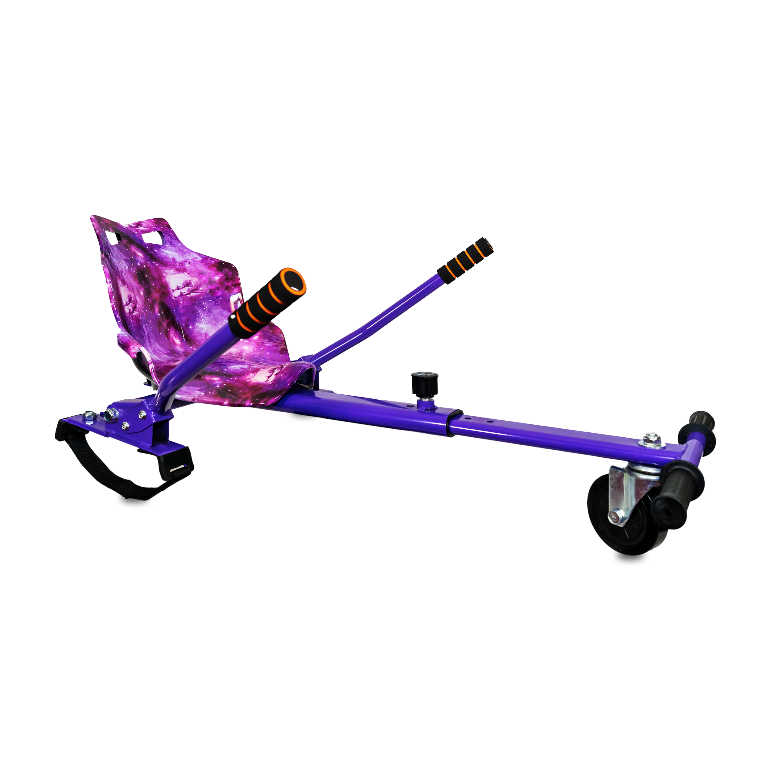 Galaxy purple hoverkart with galaxy patterned seat and black handlebars, ready for hoverboard conversion