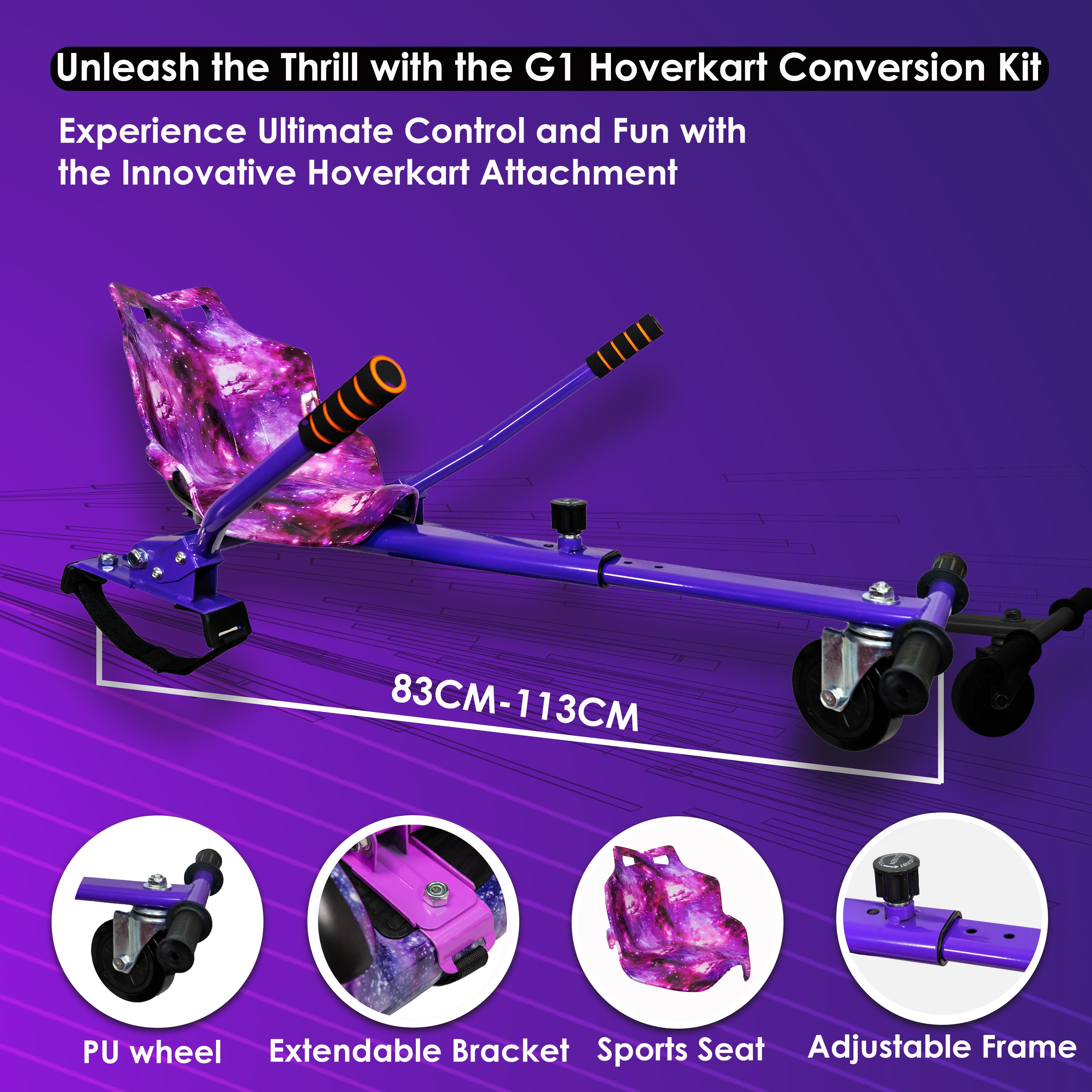  Features of purple hoverkart with adjustable bracket, PU wheel, and vibrant galaxy print sports seat