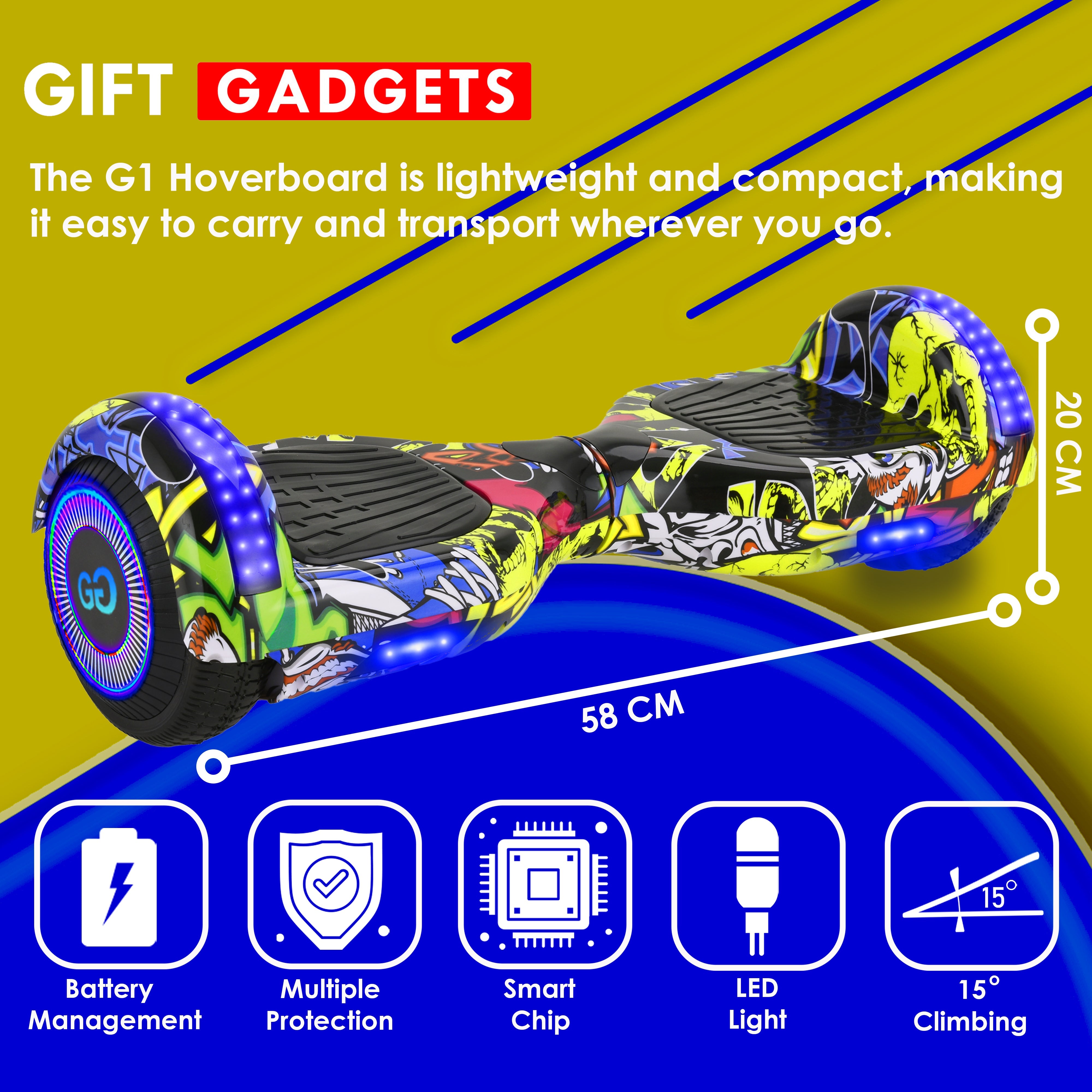Hoverboard (G1) with LED lights, featuring battery management, multiple protection, and smart chip technologies, highlighted dimensions.
