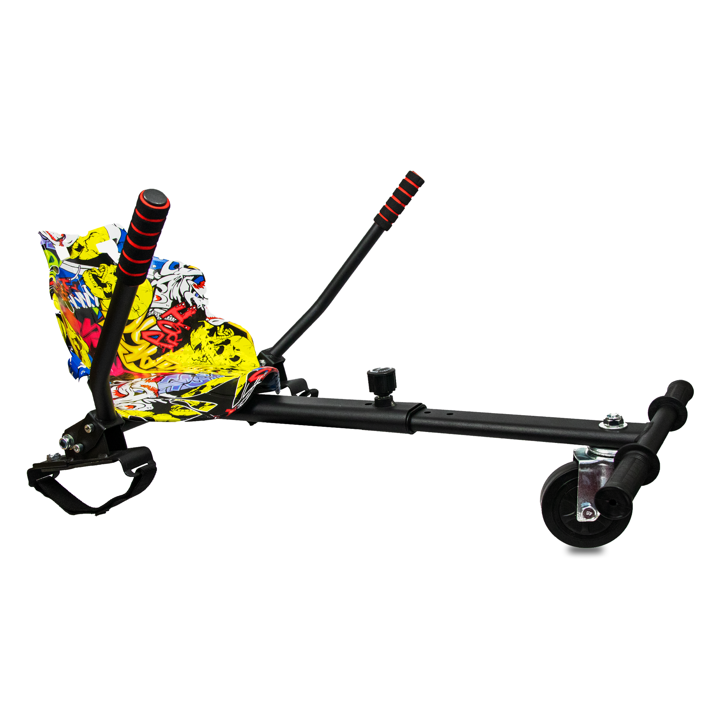 Sleek black hoverkart with colorful graffiti Yellow sports seat and red handle grips, isolated on white background.