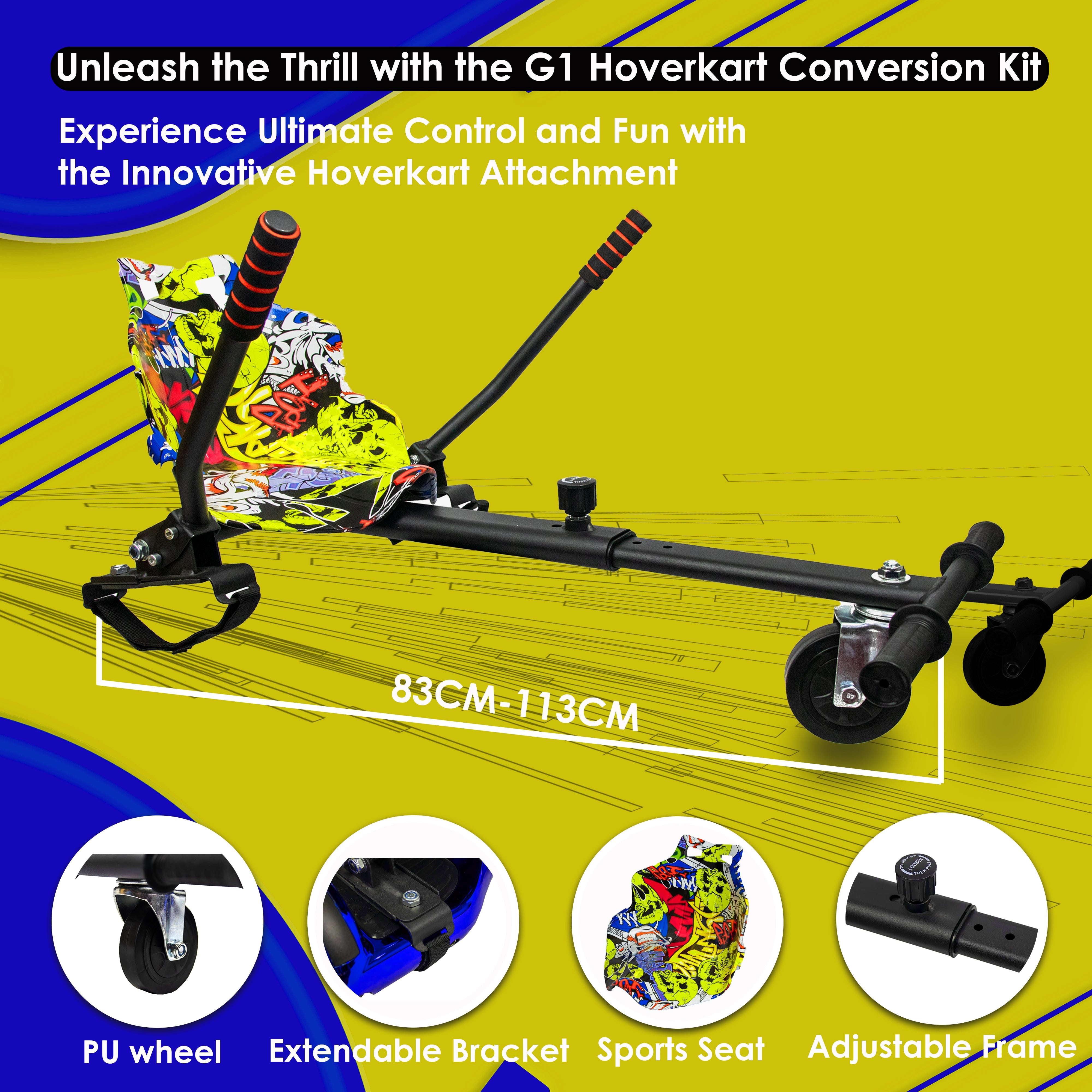 Hoverkart with extendable frame, PU wheels, and a colorful sports seat highlighted on a yellow layout
